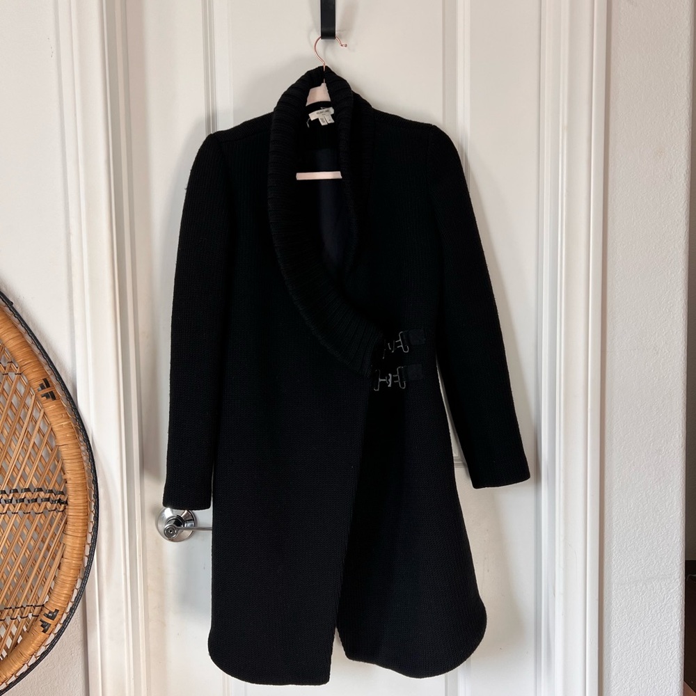 Helmut Lang Black Cable Knit Cardigan 100% Wool Buckle Closure Long Sleeve Petit